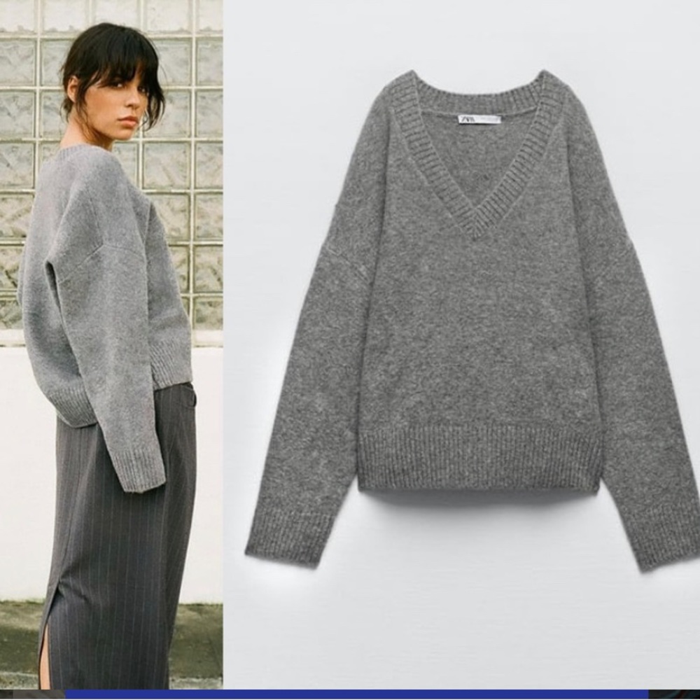Zara womens v neck cropped sweater dark grey small